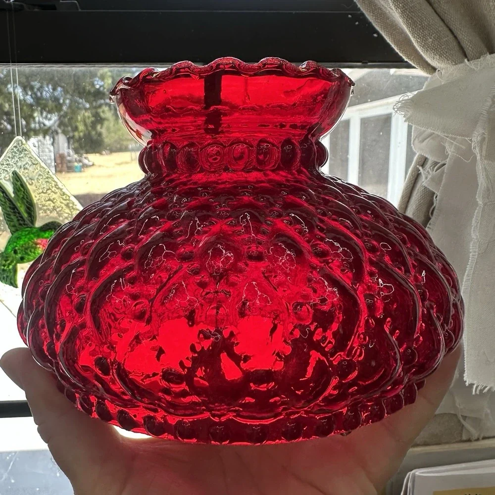 Vtg Fenton Ruby Red Glass Lamp Shade Quilted Beaded Ruffled 4.5